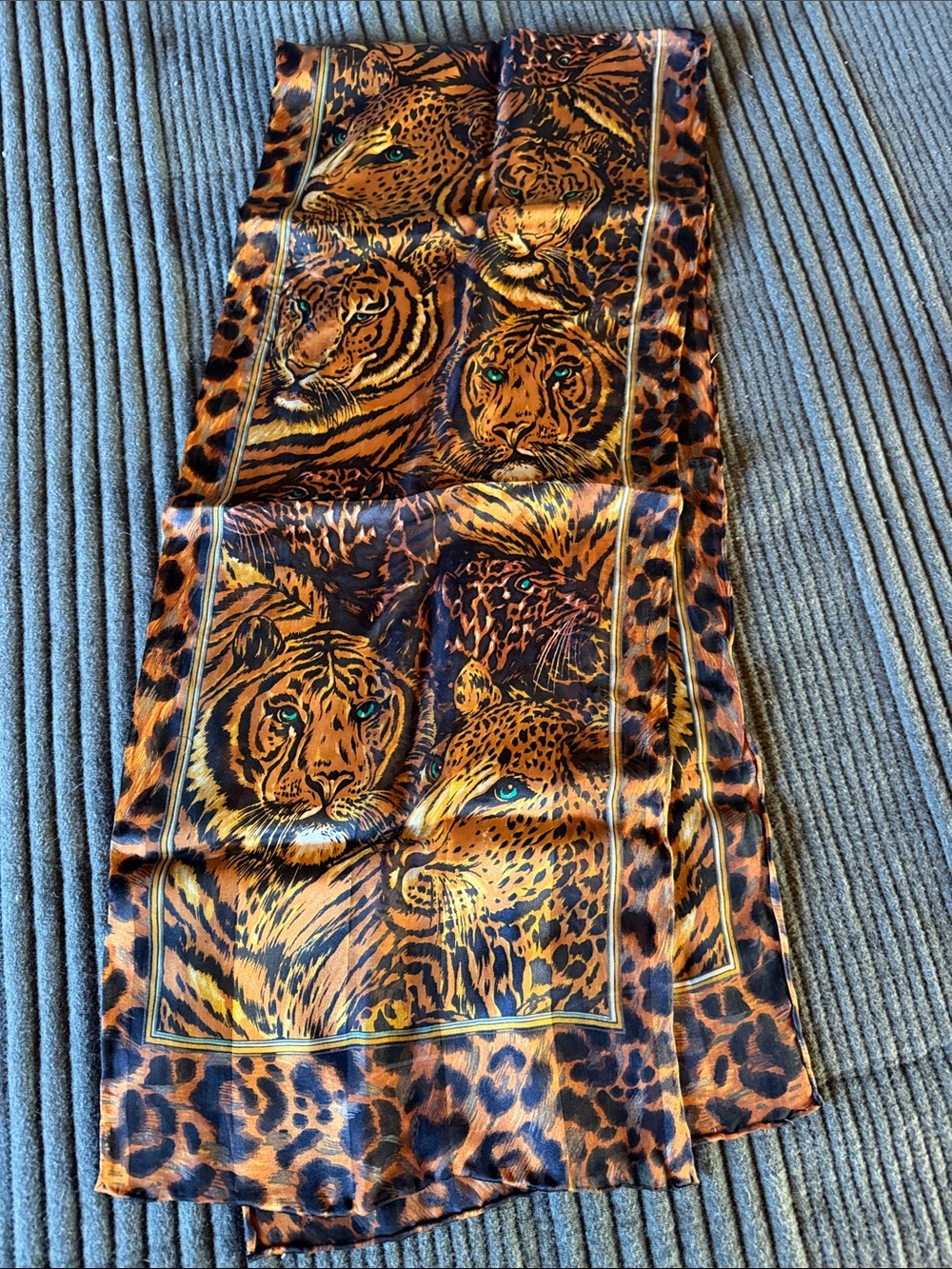 Animal-Print Silk Scarf Oblong Brown 4’6”